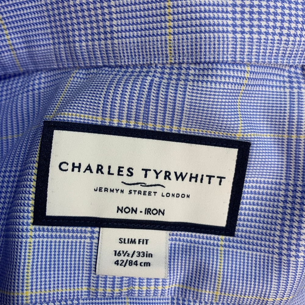 NWOT Charles Tyrwhitt Men's 16.5 Blue Cotton Plaid Slim Fit Dress Shirt - Picture 6 of 10